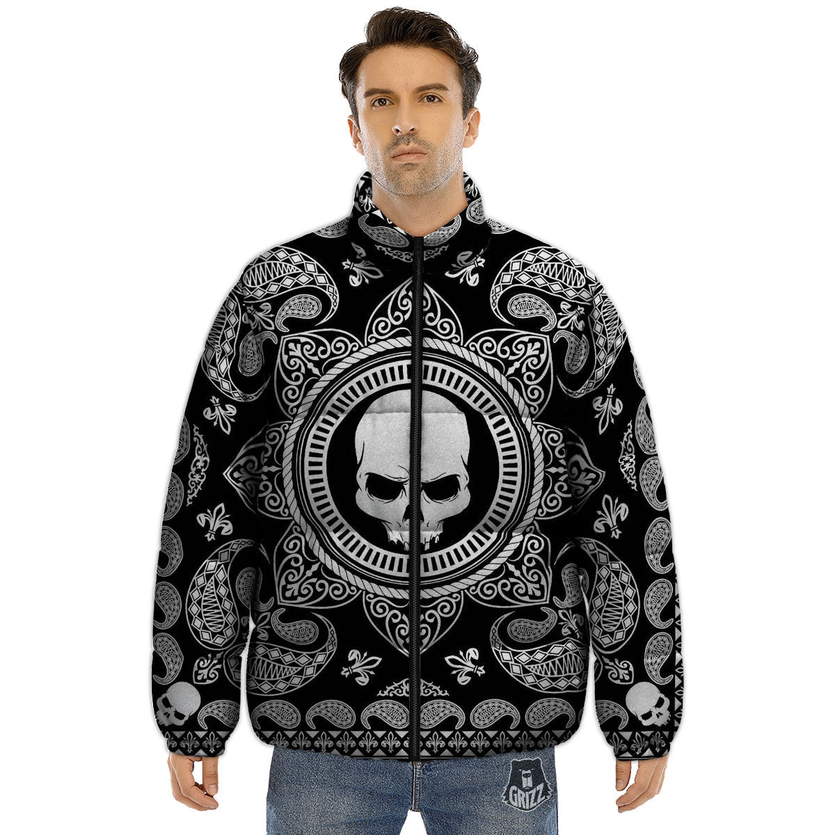 Black Skull Bandana Print Puffer Jacket-grizzshop