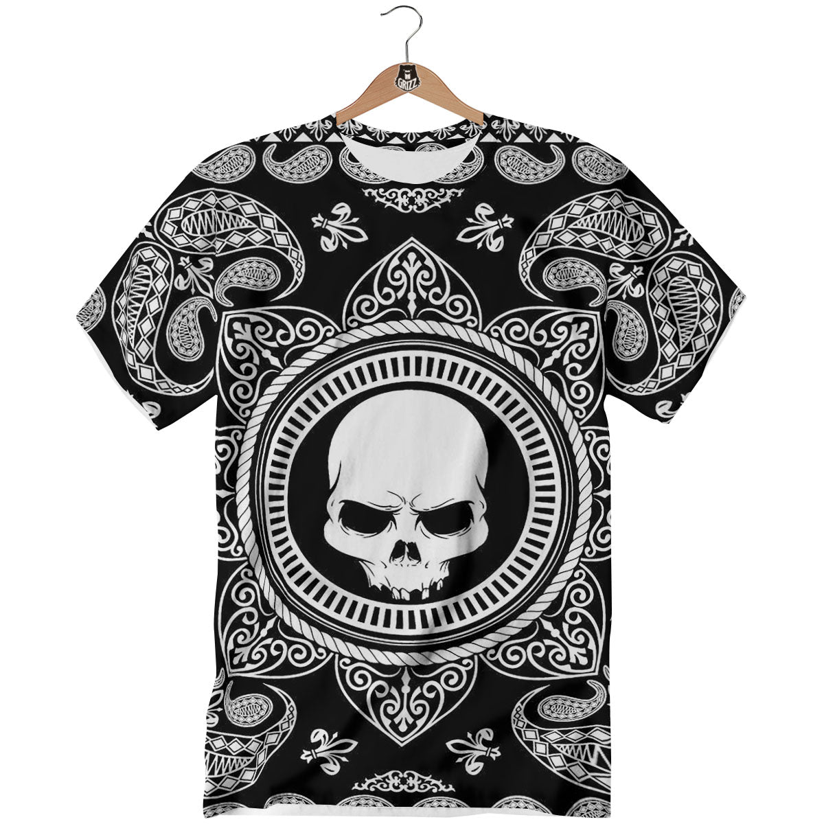 Black Skull Bandana Print T-Shirt-grizzshop