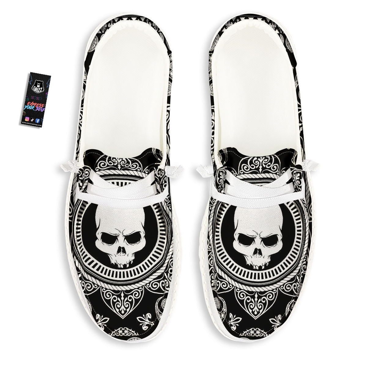 Black Skull Bandana Print White Loafers-grizzshop