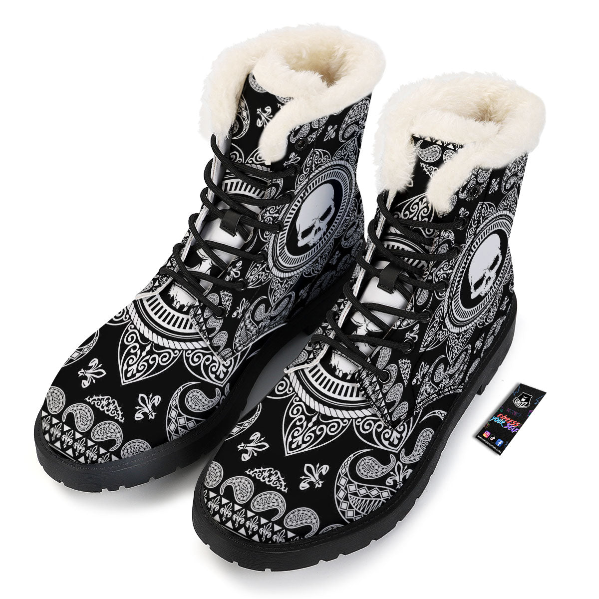 Black Skull Bandana Print Winter Boots-grizzshop
