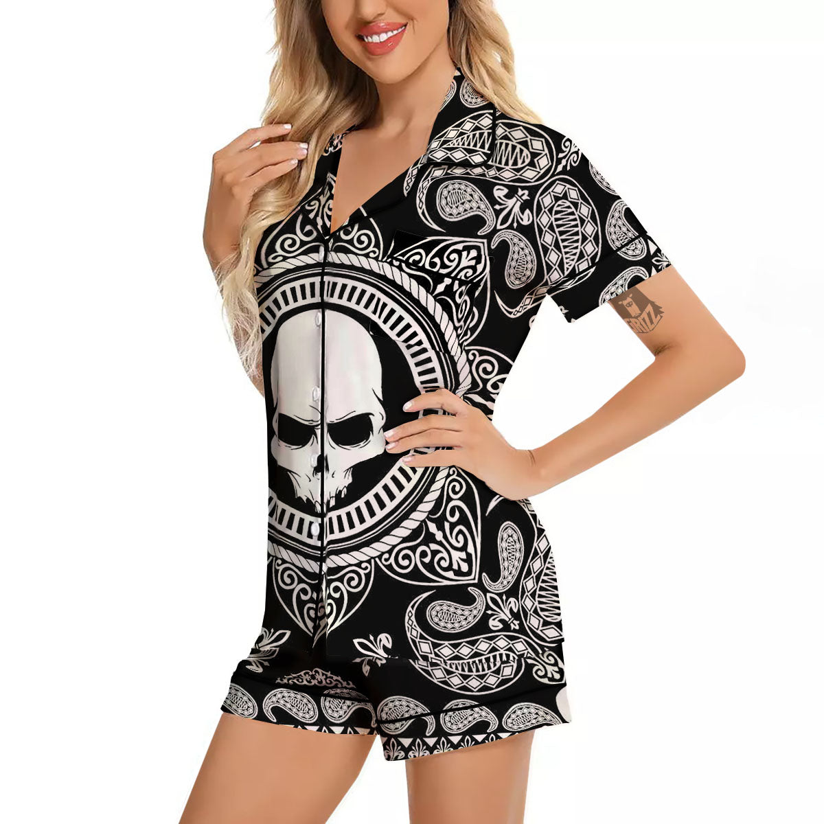 Black Skull Bandana Print Women Silk Pajamas-grizzshop