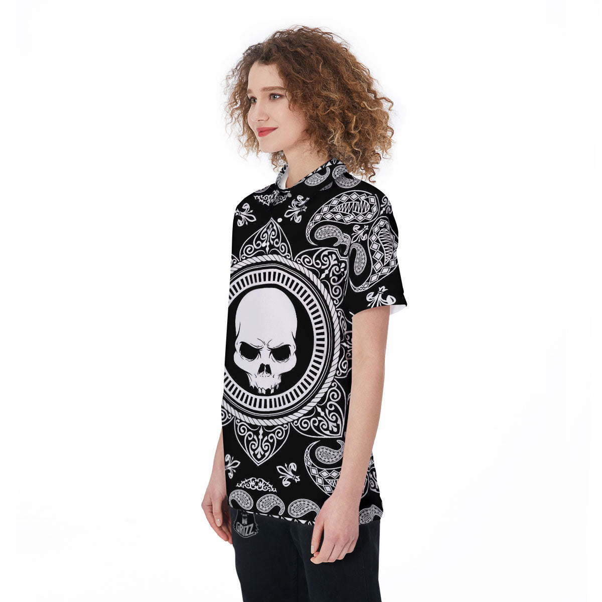 Black Skull Bandana Print Women's Golf Shirts-grizzshop
