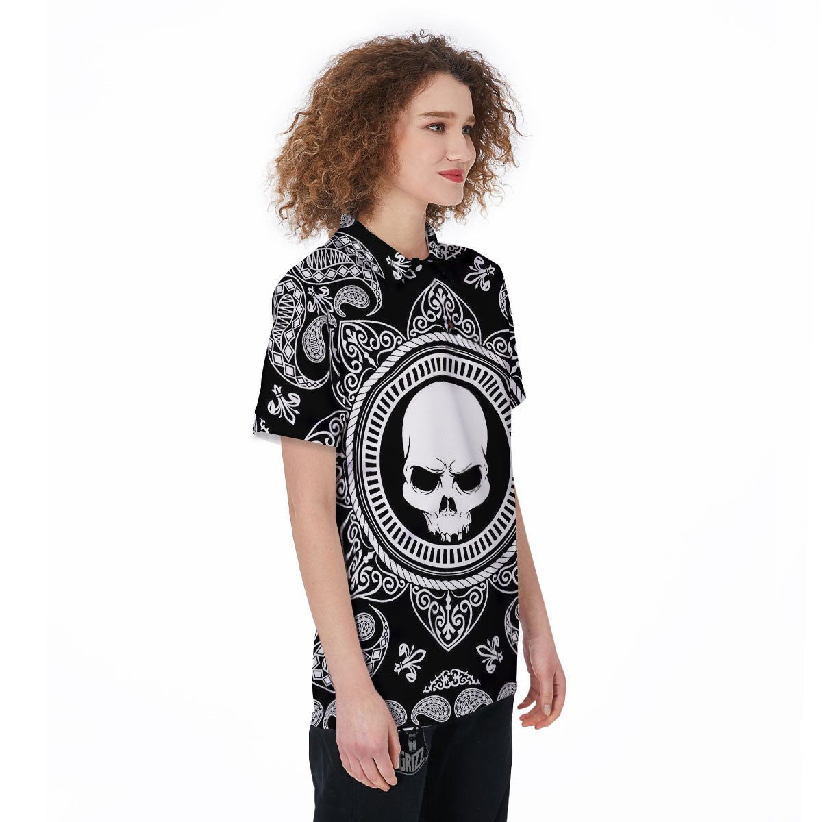 Black Skull Bandana Print Women's Golf Shirts-grizzshop