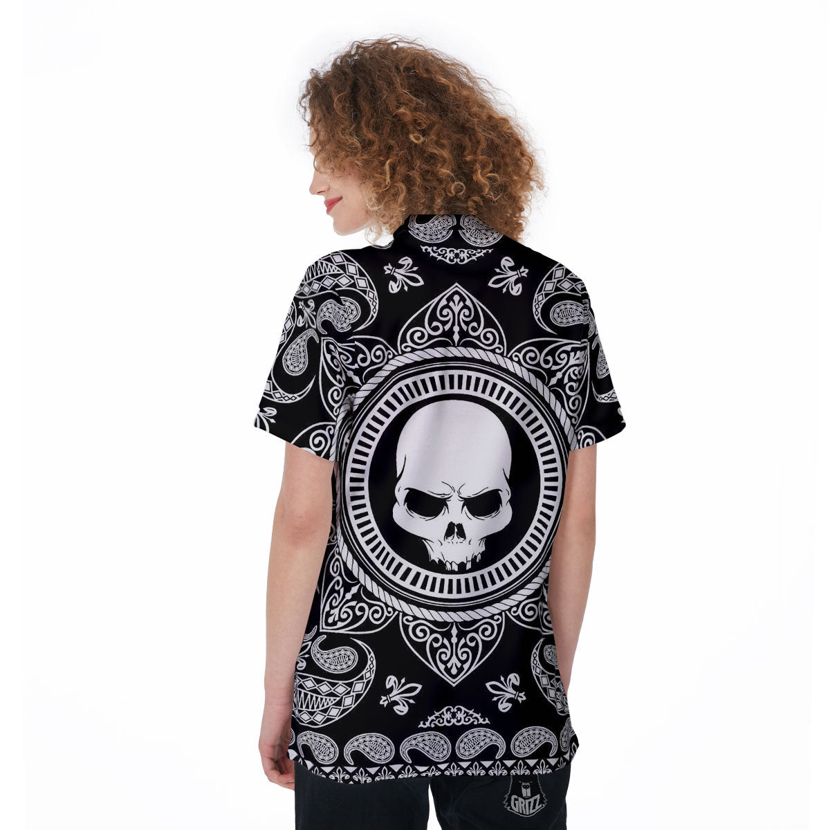 Black Skull Bandana Print Women's Golf Shirts-grizzshop
