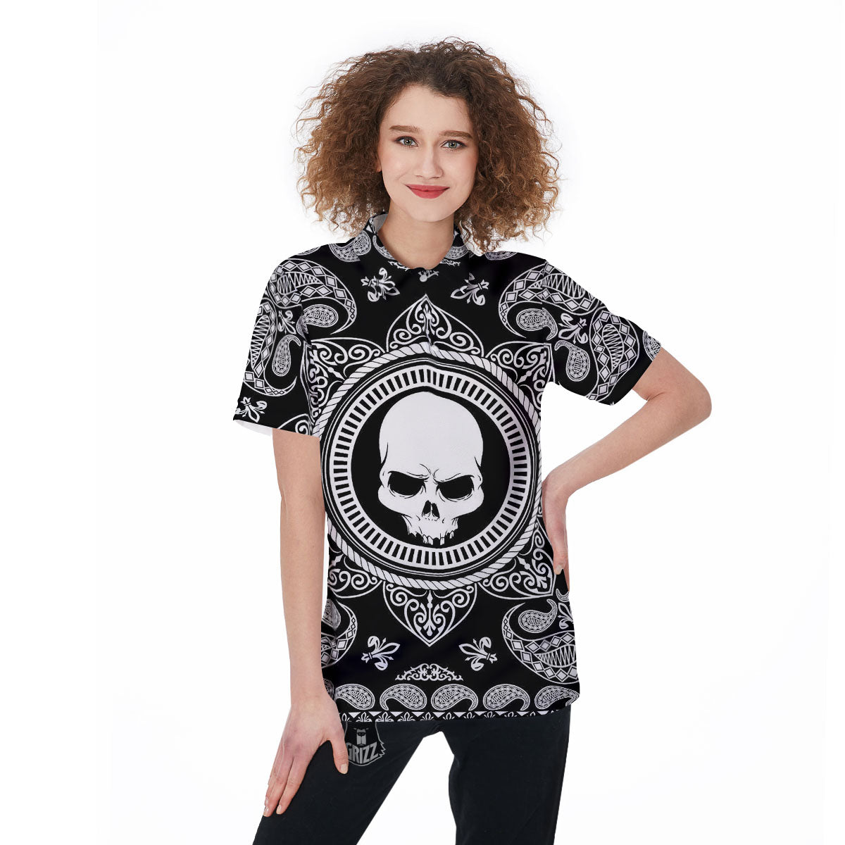 Black Skull Bandana Print Women's Golf Shirts-grizzshop