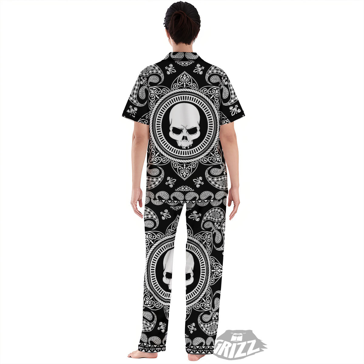 Black Skull Bandana Print Women's Pajamas Set-grizzshop