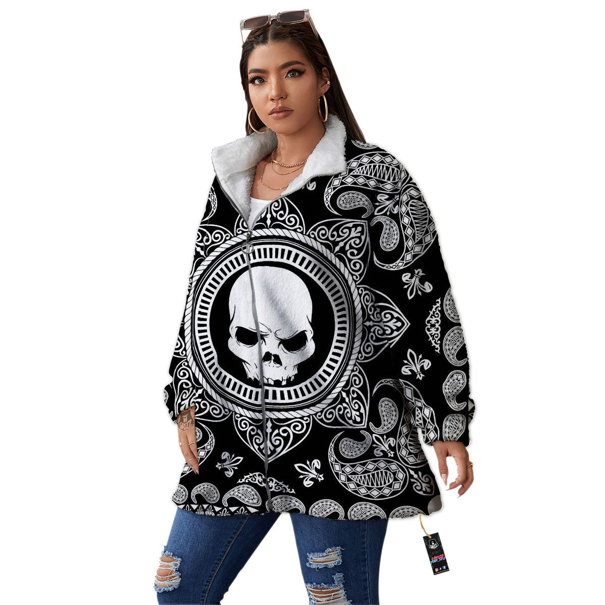 Black Skull Bandana Print Women's Sherpa Jacket-grizzshop