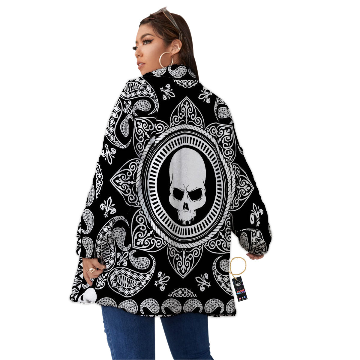 Black Skull Bandana Print Women's Sherpa Jacket-grizzshop