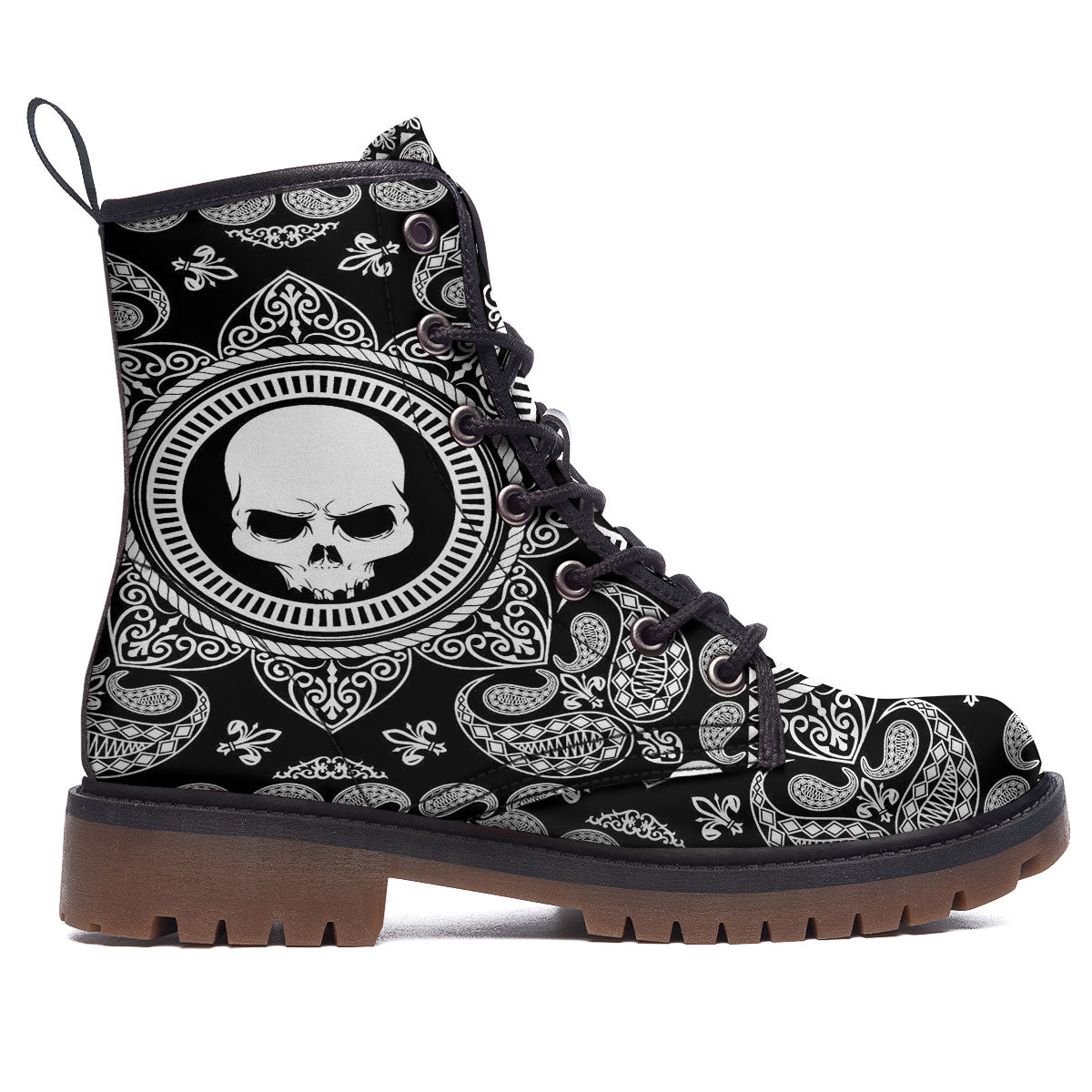 Black Skull Bandana Print Work Boots-grizzshop