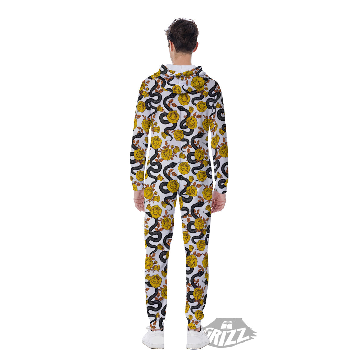 Black Snake And Gold Rose Print Pattern Men's Jumpsuit-grizzshop