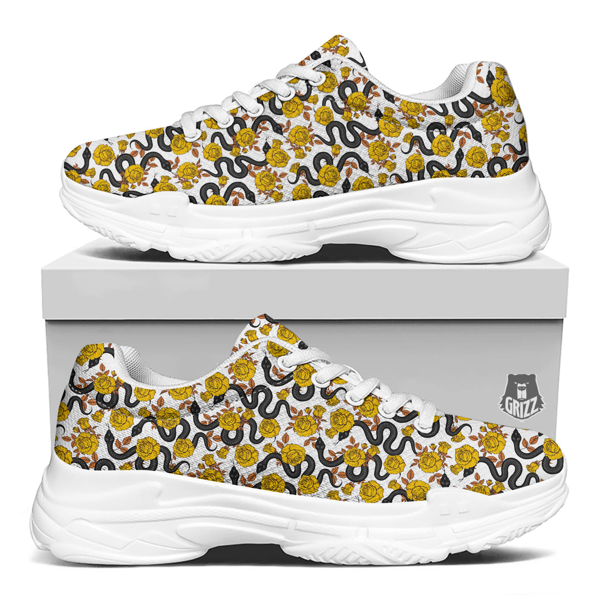 Black Snake And Gold Rose Print Pattern White Chunky Shoes-grizzshop