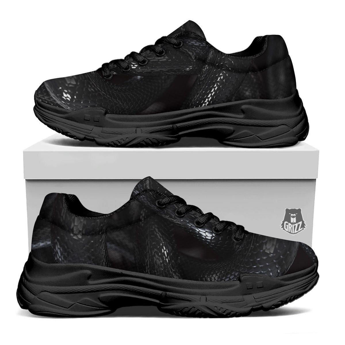 Black Snake Print Black Chunky Shoes-grizzshop
