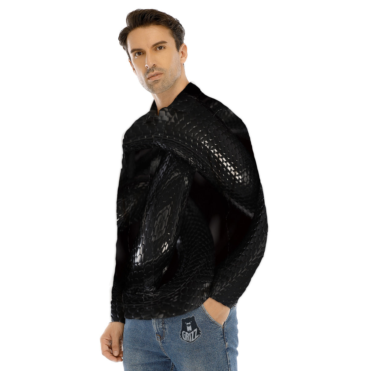 Black Snake Print Men's Dress Shirts-grizzshop