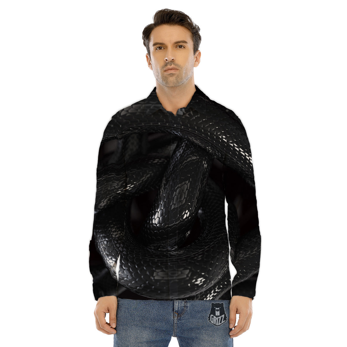 Black Snake Print Men's Dress Shirts-grizzshop