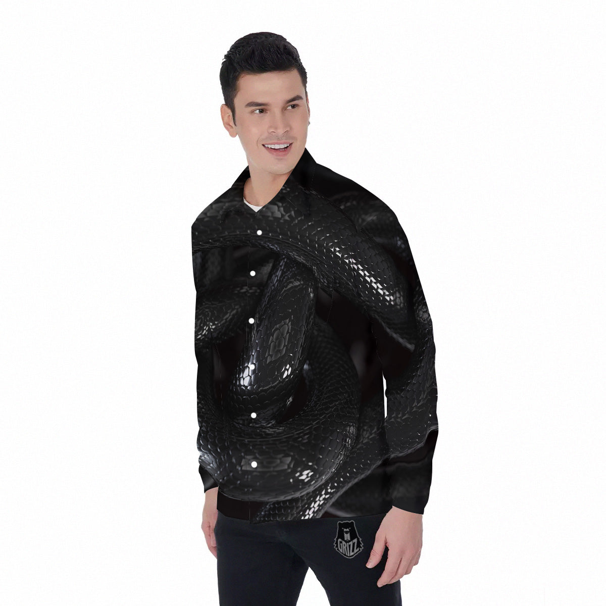 Black Snake Print Men's Long Sleeve Shirts-grizzshop