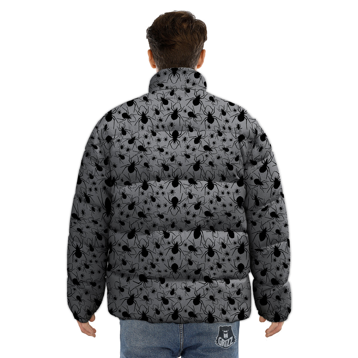 Black Spider And Grey Print Pattern Puffer Jacket-grizzshop