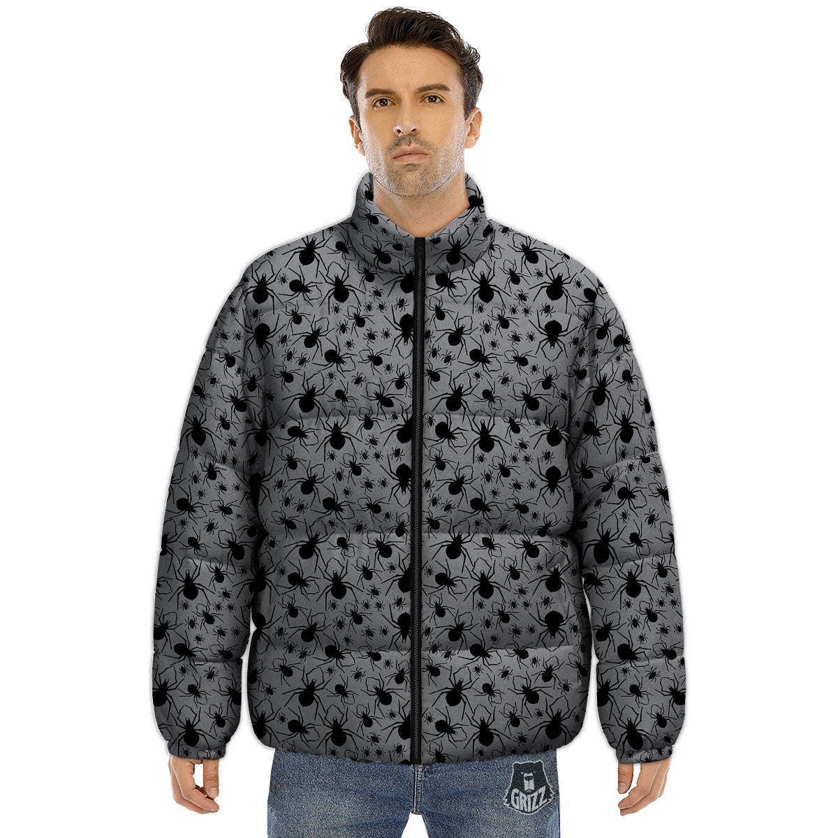Black Spider And Grey Print Pattern Puffer Jacket-grizzshop