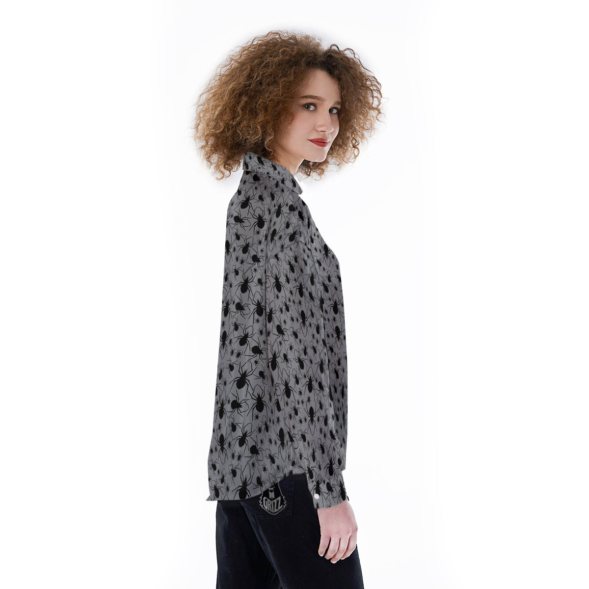 Black Spider And Grey Print Pattern Women's Long Sleeve Shirts-grizzshop