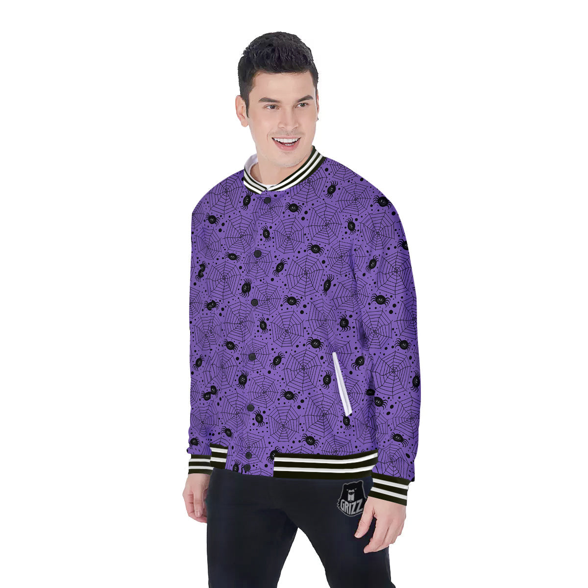 Black Spider And Purple Print Pattern Baseball Jacket-grizzshop