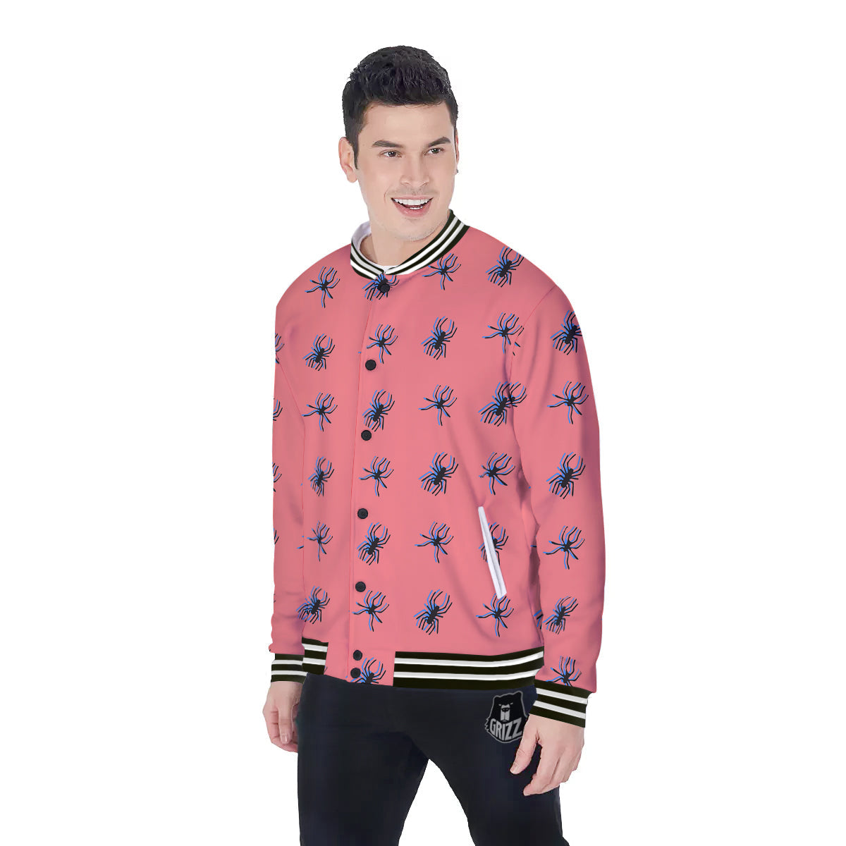 Black Spider Pink Print Pattern Baseball Jacket-grizzshop