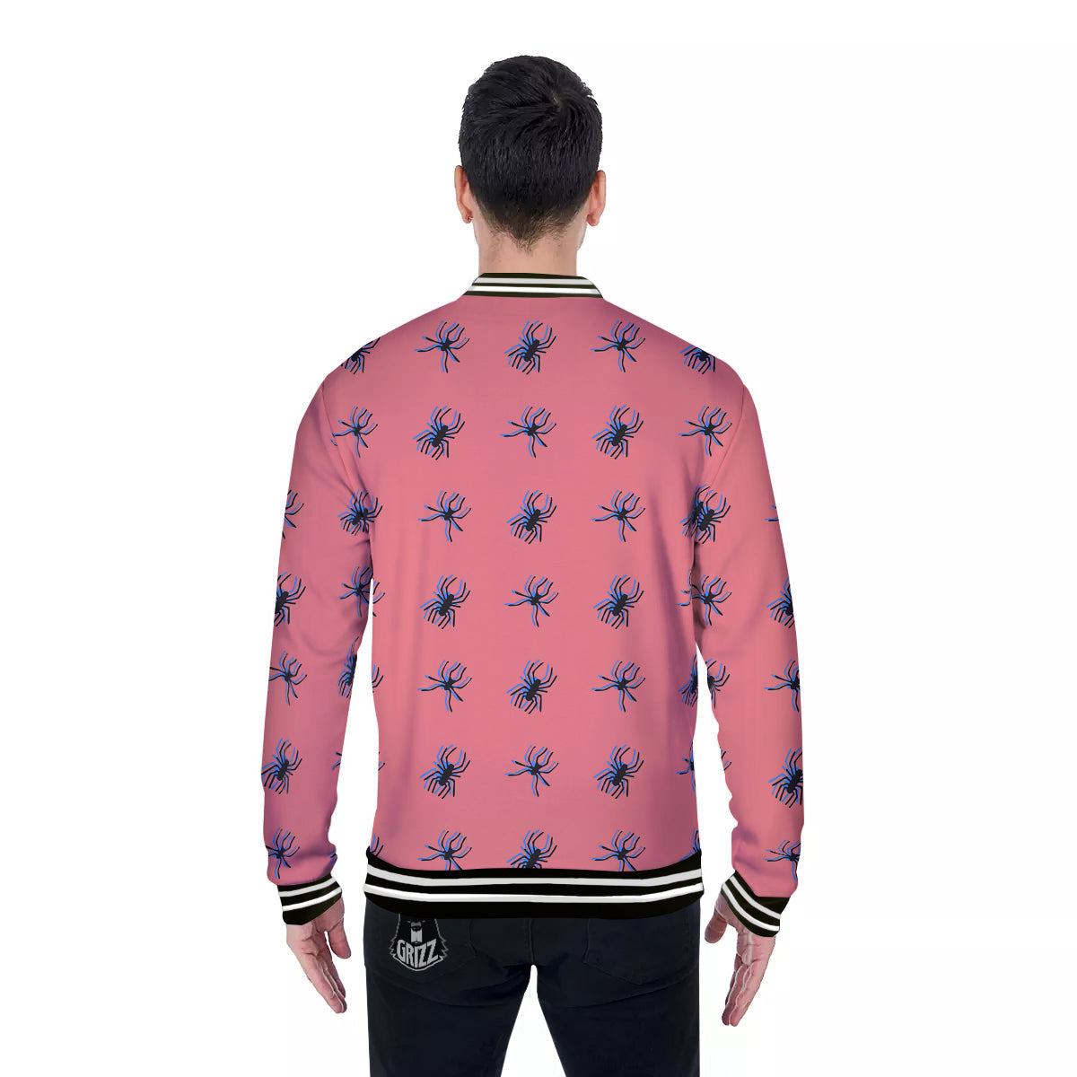 Black Spider Pink Print Pattern Baseball Jacket-grizzshop