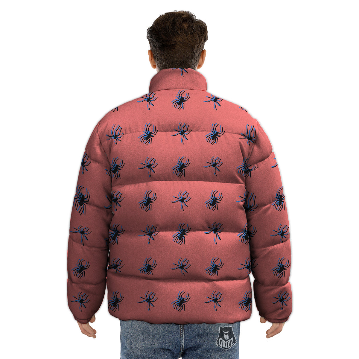 Black Spider Pink Print Pattern Puffer Jacket-grizzshop