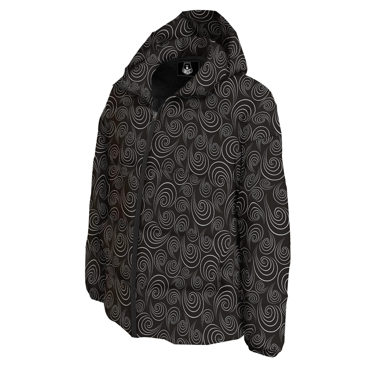 Black Spiral Wave Print Pattern Down Jacket-grizzshop