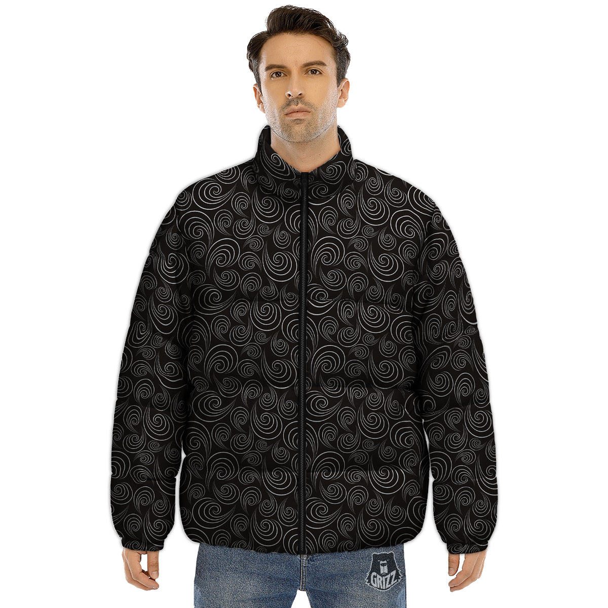 Black Spiral Wave Print Pattern Puffer Jacket-grizzshop