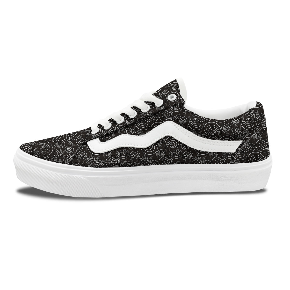 Black Spiral Wave Print Pattern Skate Shoes-grizzshop