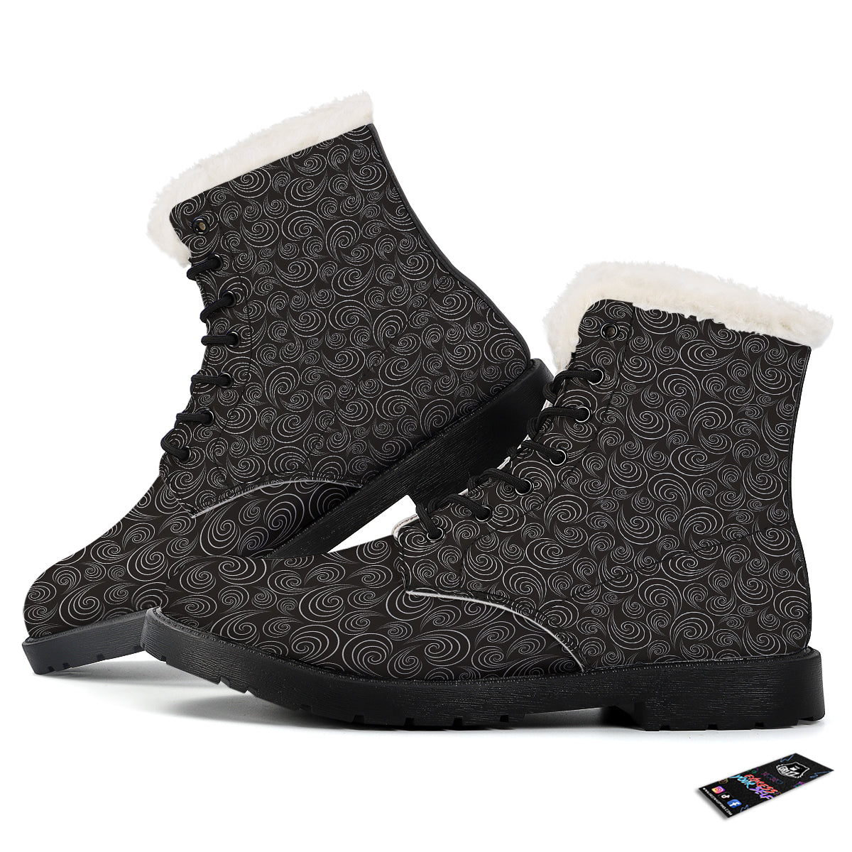Black Spiral Wave Print Pattern Winter Boots-grizzshop
