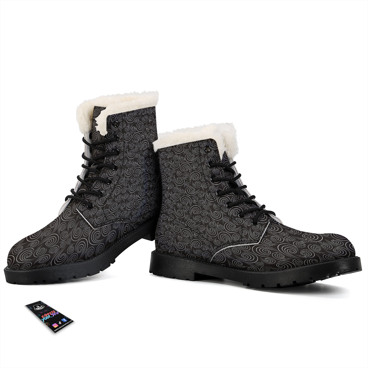 Black Spiral Wave Print Pattern Winter Boots-grizzshop