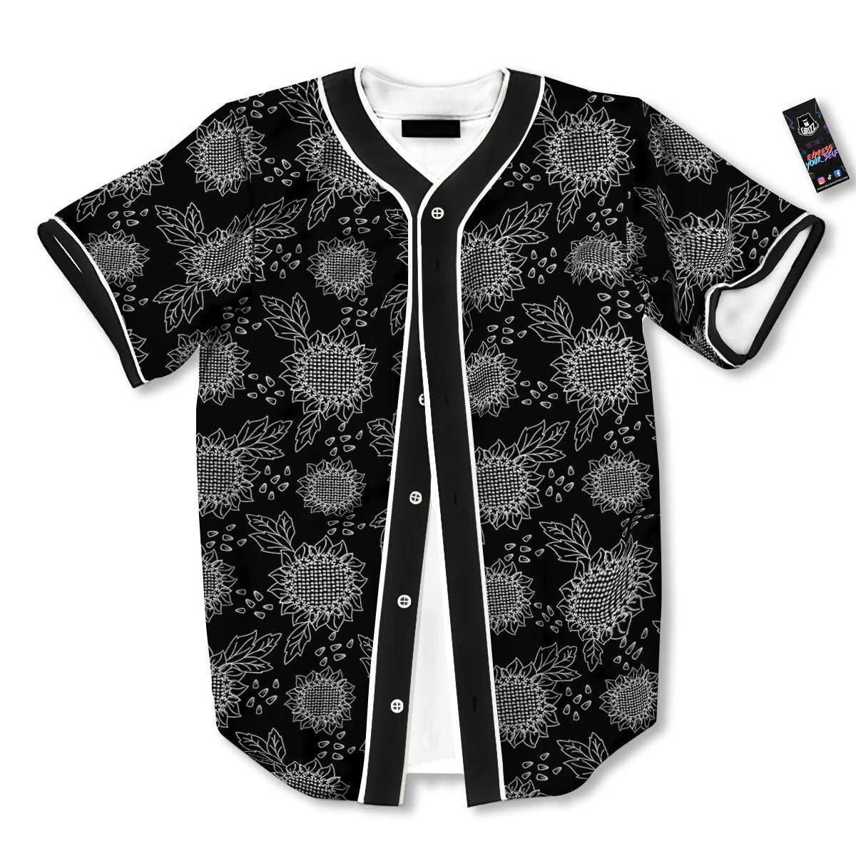 Black Sunflower Print Pattern Baseball Jersey-grizzshop