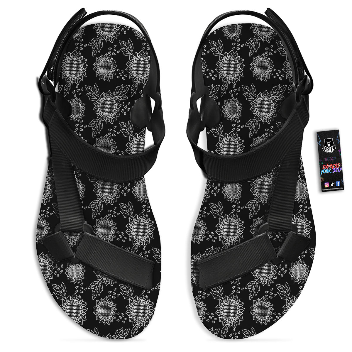 Black Sunflower Print Pattern Black Open Toe Sandals-grizzshop