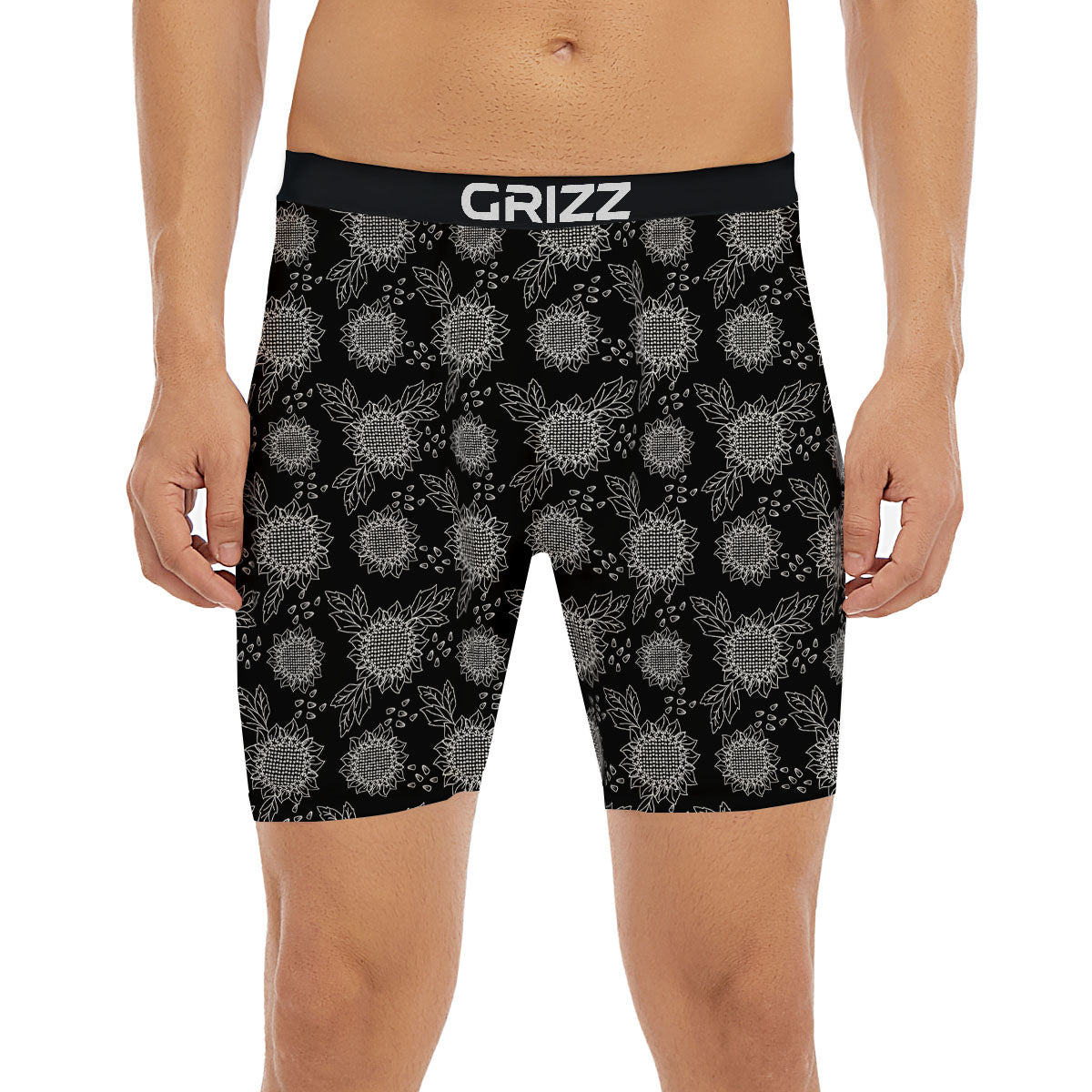 Black Sunflower Print Pattern Boxer Briefs-grizzshop
