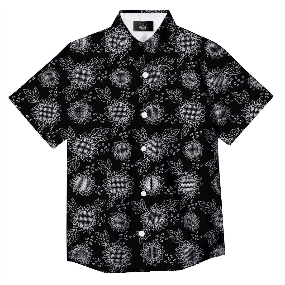 Black Sunflower Print Pattern Button Up Shirt-grizzshop
