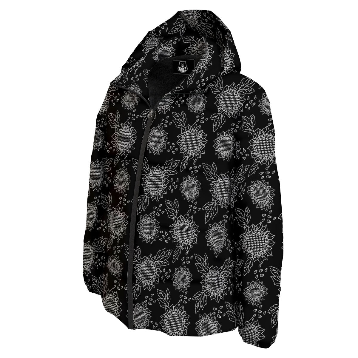 Black Sunflower Print Pattern Down Jacket-grizzshop