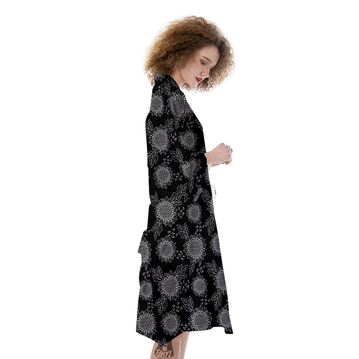 Black Sunflower Print Pattern Kimono-grizzshop