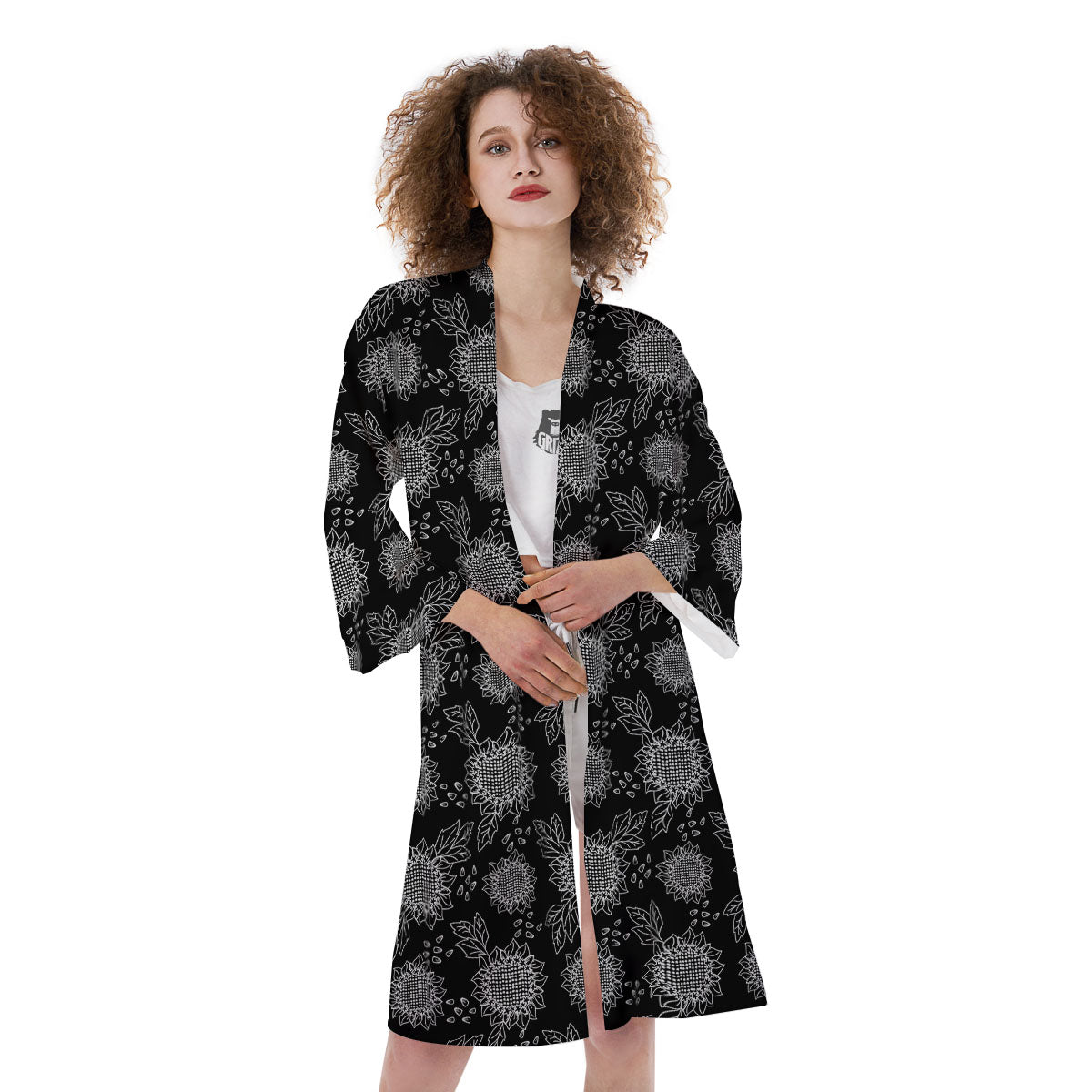 Black Sunflower Print Pattern Kimono-grizzshop