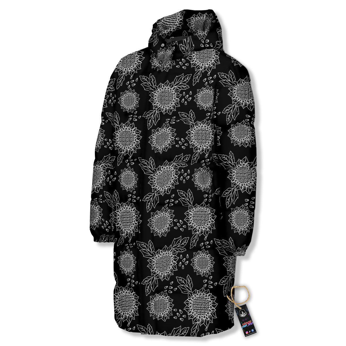 Black Sunflower Print Pattern Long Down Jacket-grizzshop