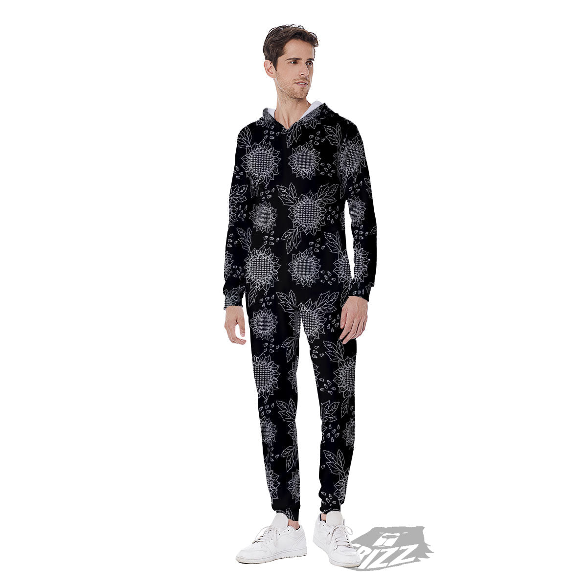 Black Sunflower Print Pattern Men's Jumpsuit-grizzshop