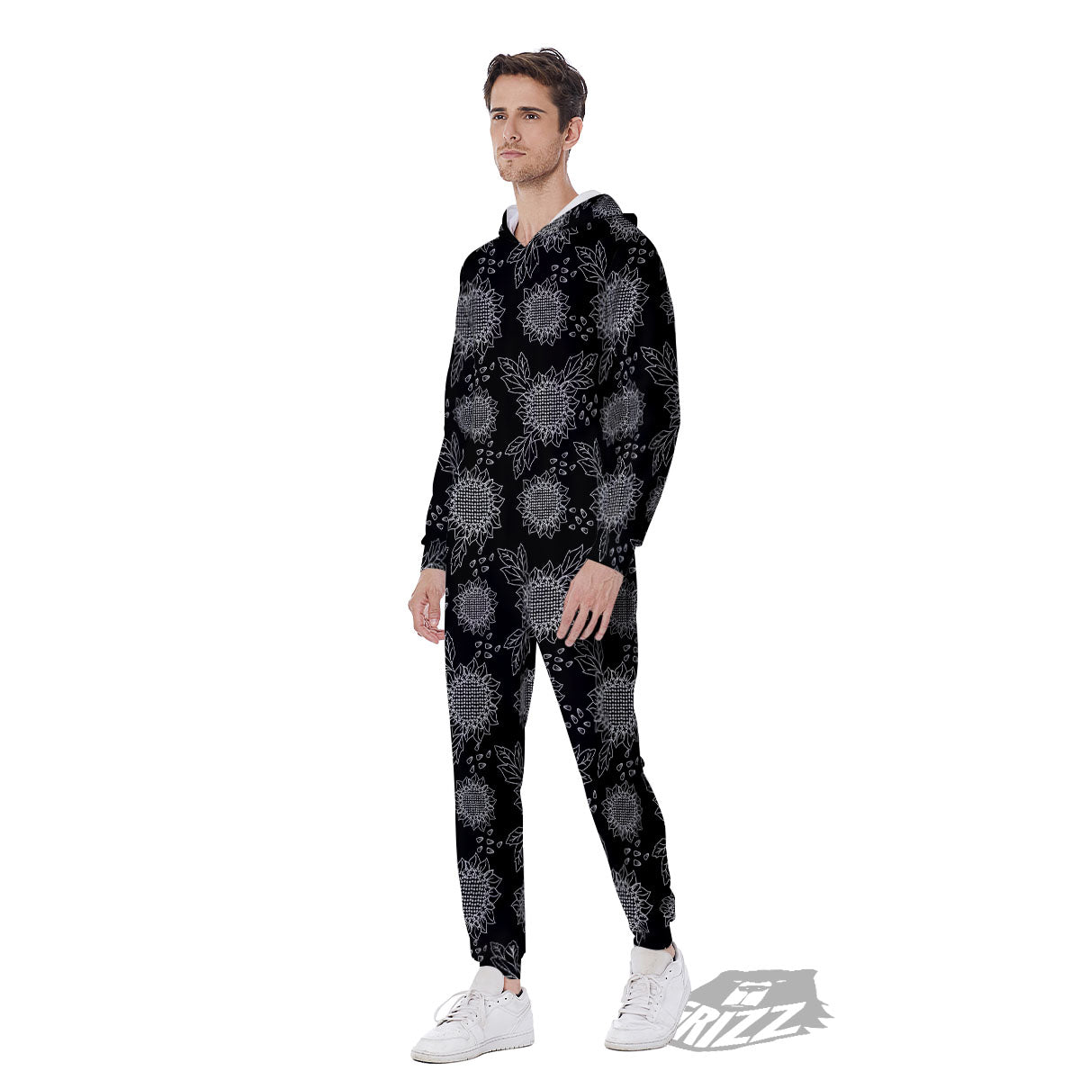Black Sunflower Print Pattern Men's Jumpsuit-grizzshop