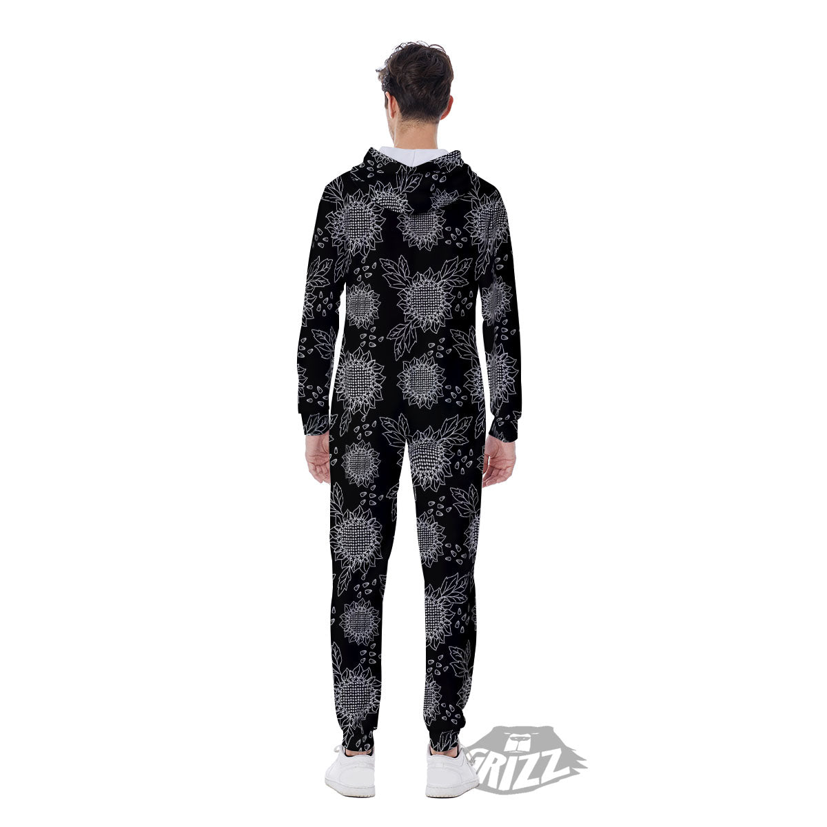 Black Sunflower Print Pattern Men's Jumpsuit-grizzshop