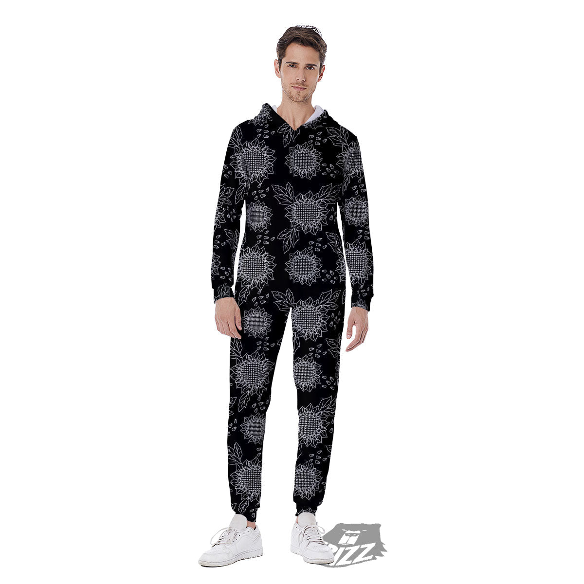 Black Sunflower Print Pattern Men's Jumpsuit-grizzshop