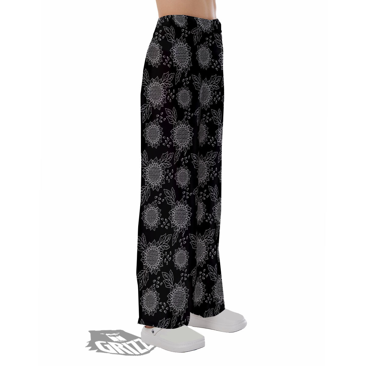 Black Sunflower Print Pattern Pajama Pants-grizzshop