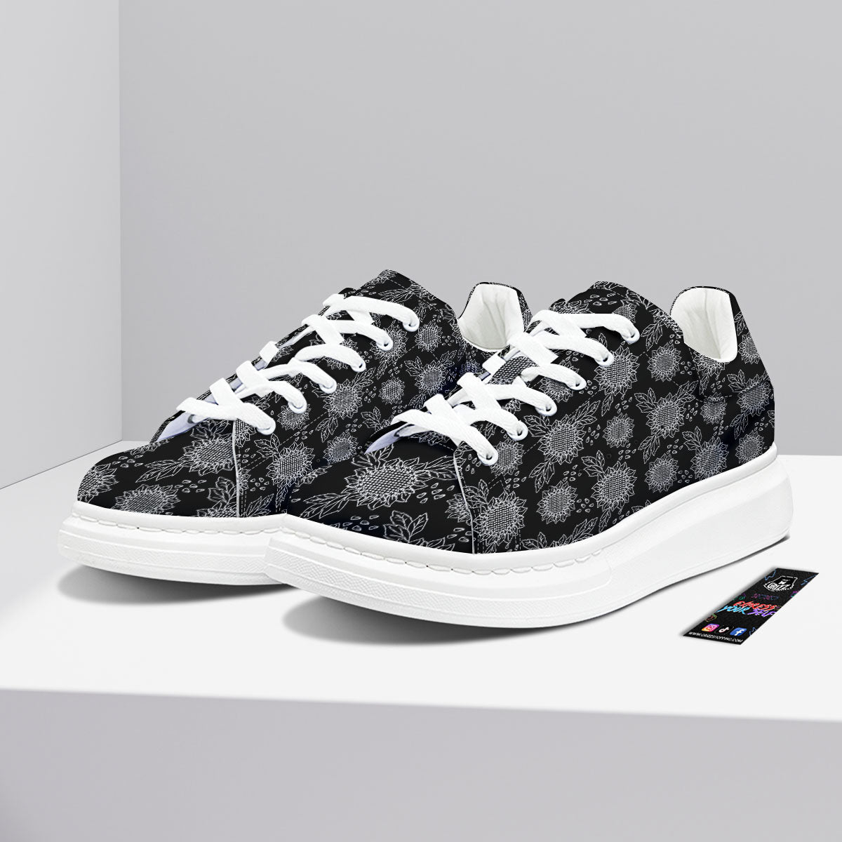Black Sunflower Print Pattern Platform Shoes-grizzshop