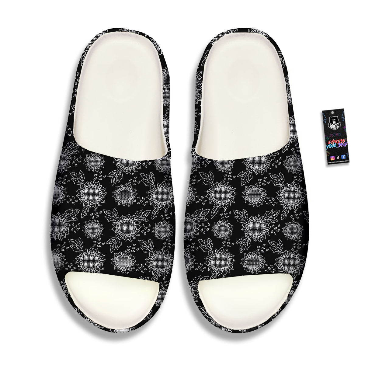Black Sunflower Print Pattern Sandals-grizzshop
