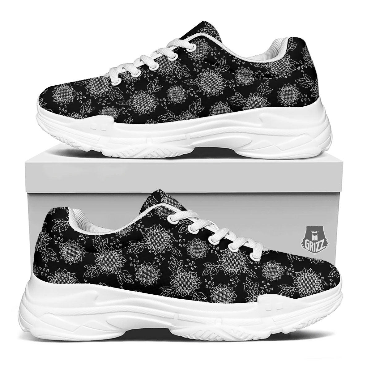 Black Sunflower Print Pattern White Chunky Shoes-grizzshop