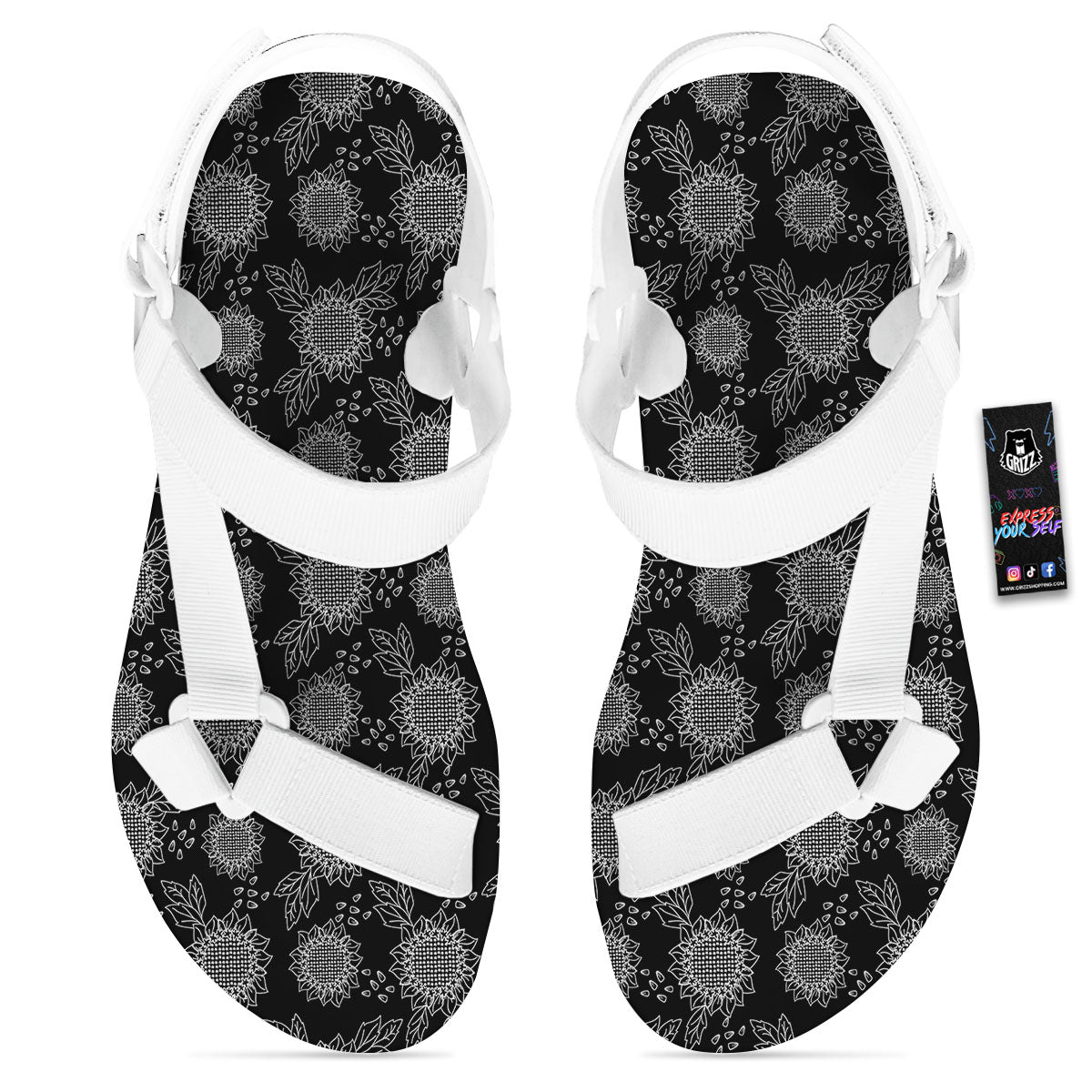 Black Sunflower Print Pattern White Open Toe Sandals-grizzshop