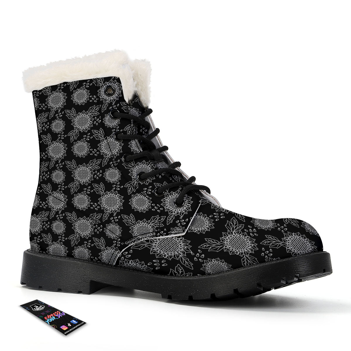Black Sunflower Print Pattern Winter Boots-grizzshop