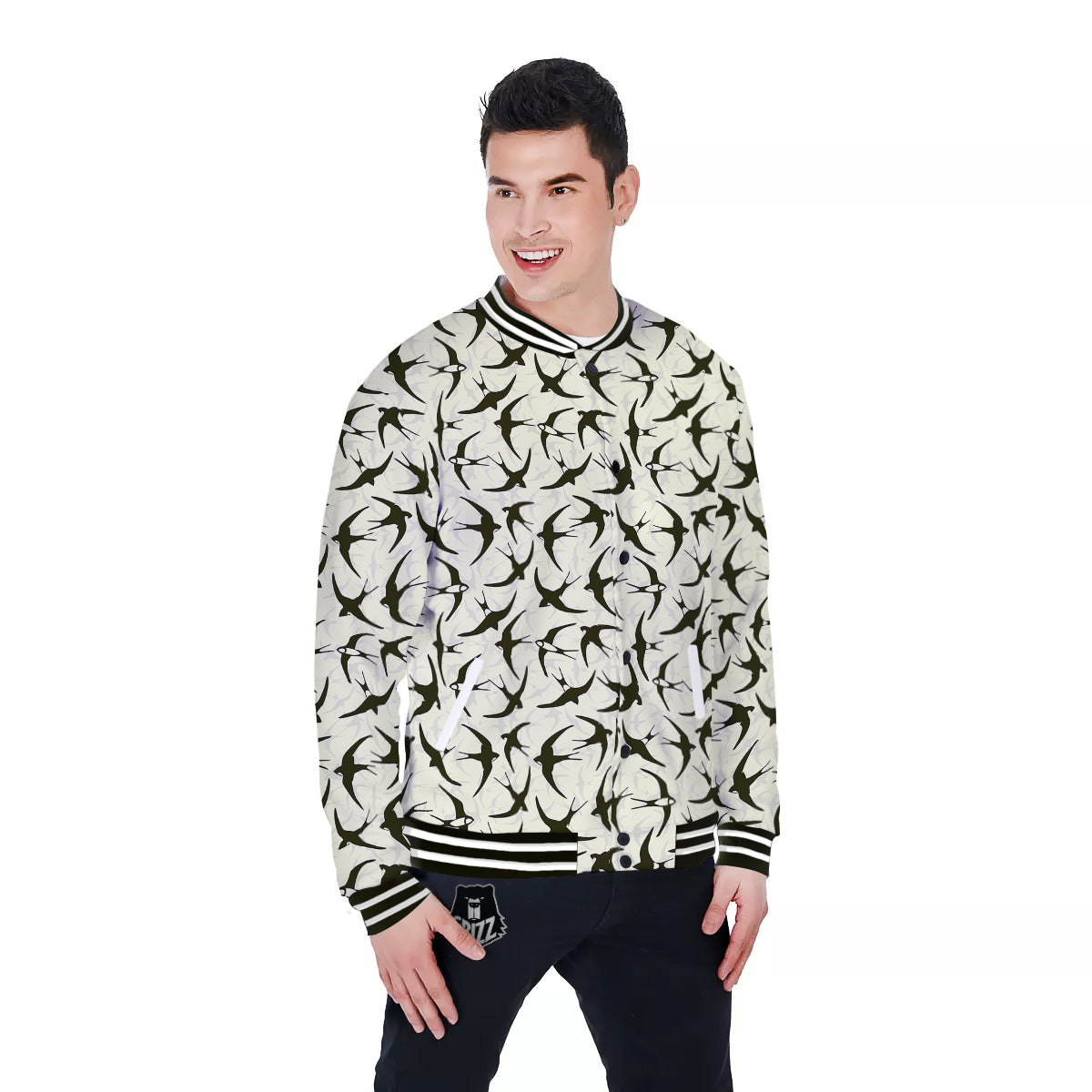 Black Swallow Vintage Print Pattern Baseball Jacket-grizzshop